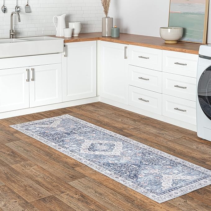 nuLOOM Elsa Floral Blossom Machine Washable Ultra Thin Runner Rug, 2' 6" x 8', Blue - LeafyLoom