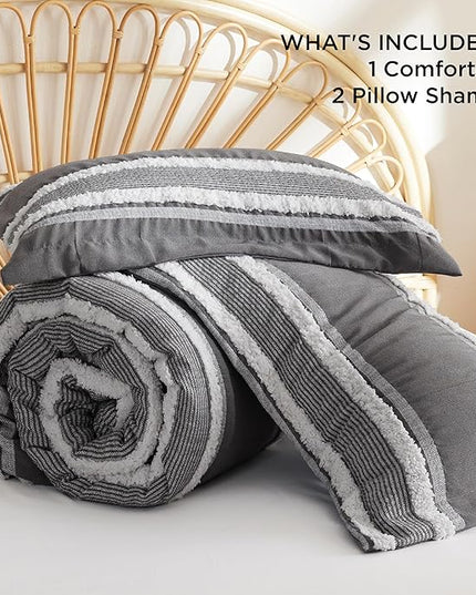 Bedsure Boho Comforter Set Queen - Dark Grey Jacquard Bedding Comforter Set, 3 Pieces Farmhouse Shabby Chic Embroidery Bed Set, Soft Fluffy Tufted Striped Comforter for All Seasons - LeafyLoom