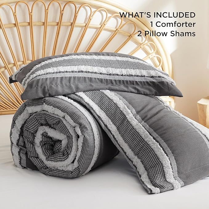 Bedsure Boho Comforter Set Queen - Dark Grey Jacquard Bedding Comforter Set, 3 Pieces Farmhouse Shabby Chic Embroidery Bed Set, Soft Fluffy Tufted Striped Comforter for All Seasons - LeafyLoom