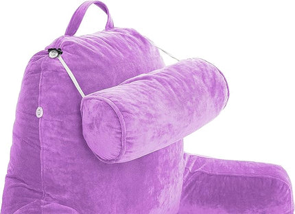 XXL Husband Pillow Light Purple Backrest with Arms - Adult Reading Pillow Shredded Memory Foam, Ultra-Comfy Removable Microplush Cover & Detachable Neck Roll, Unmatched Support Sit Up Bed Chair Pillow - LeafyLoom