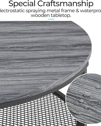LINSY Home Round Coffee Table Set of 2 for Living Room, Grey Coffee Table with Open Storage,Wood Surface Top & Sturdy Metal Legs Large Circle Coffee Table for Industrial or Modern Design Home - LeafyLoom