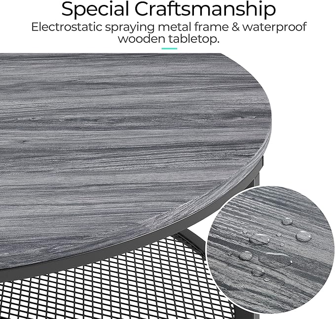 LINSY Home Round Coffee Table Set of 2 for Living Room, Grey Coffee Table with Open Storage,Wood Surface Top & Sturdy Metal Legs Large Circle Coffee Table for Industrial or Modern Design Home - LeafyLoom