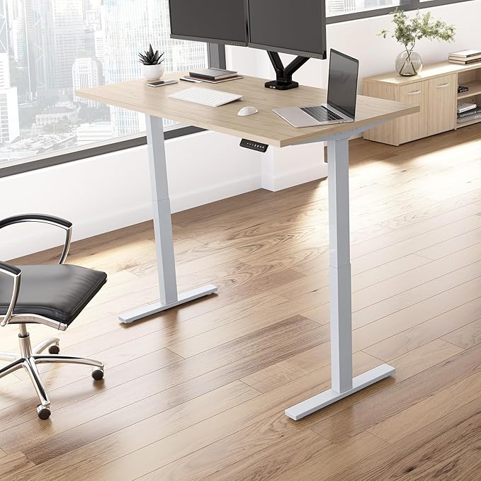 Bush Business Furniture Move 60 Series 60W x 30D Electric in Natural Elm with Silver Base, Ergonomic Sit-Stand Computer Table for Home and Professional Office - LeafyLoom