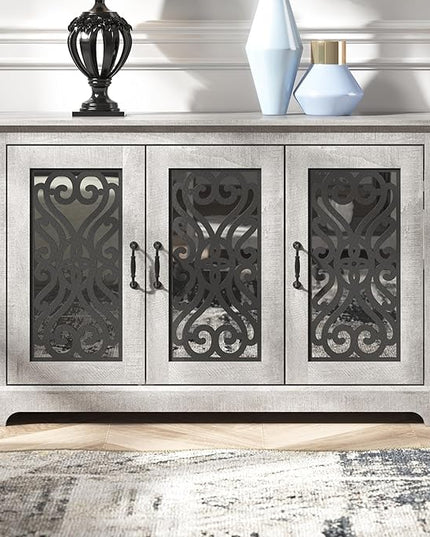 Galano Calidia 3 Door Sideboard, Kitchen Storage Sideboard Buffet Cabinet Console with Acrylic Mirror Doors & Adjustable Shelves, 15.67" D x 45.71" W x 29.29" H, Dusty Grey Oak - LeafyLoom