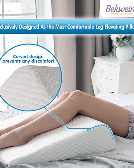 Bed Wedge Pillow | Unique Curved Design for Multi Position Use | Memory Foam Wedge Pillow for Sleeping | Works for Back Support, Leg, Knee | includes Cover Plus Extra Sheet (White) - LeafyLoom