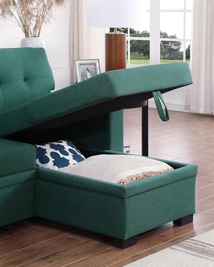 RITSU L Shape Sectional Sofa Pull Out Sleeper Bed with Storage, Reversible Couch w/Side Shelf and USB Charging Port, Linen Upholstered Tufted Cushion, for Living Room,Bedroom, Green, 92 inch - LeafyLoom
