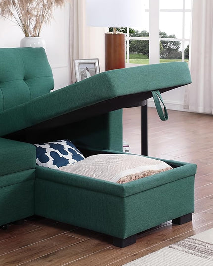 RITSU L Shape Sectional Sofa Pull Out Sleeper Bed with Storage, Reversible Couch w/Side Shelf and USB Charging Port, Linen Upholstered Tufted Cushion, for Living Room,Bedroom, Green, 92 inch - LeafyLoom