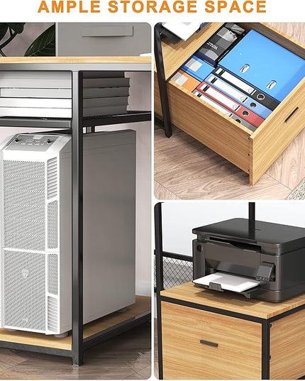 Home Office Desks with Drawers, 66'' Computer Desk with Storage, Office Desk with Monitor Stand, Work Desk with Outlets and USB, Gaming Desk with File Cabinet for Home Office Table, Natural - LeafyLoom