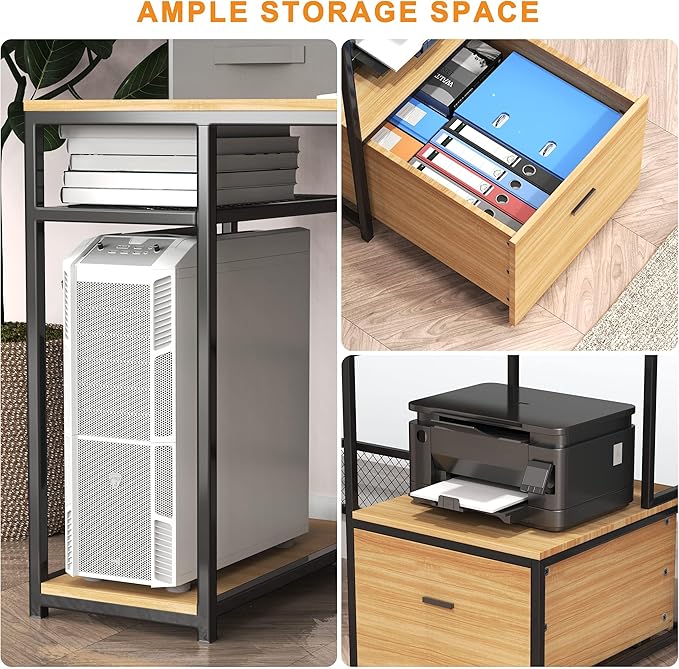 Home Office Desks with Drawers, 66'' Computer Desk with Storage, Office Desk with Monitor Stand, Work Desk with Outlets and USB, Gaming Desk with File Cabinet for Home Office Table, Natural - LeafyLoom