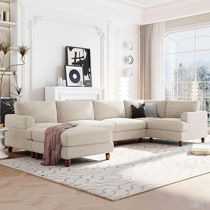 Oversized Modular Sectional Ottomans,6 Seater Corduroy Upholstery L Shaped Reversible Corner, 98" Symmetrical Convertible Sleeper Sofa & Couch Free Combination, Beige Comfy - LeafyLoom