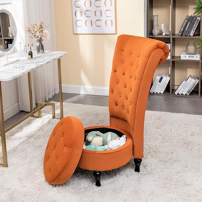 Red Orange Velvet Accent Chair for Vanity with Storage and Luxurious Upholstery, Retro Design and Versatile Usage for Livingroom, Bedroom, Lounge and Office - LeafyLoom