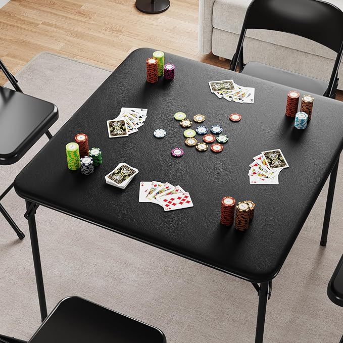 IDEALHOUSE Portable Folding Card Table and Chair Set of 5, Pu Upholstered Foldable Table, and All Metal Folding Chairs, Table and Chairs Suitable for Dining Room, Living Room, Office, Camping - LeafyLoom