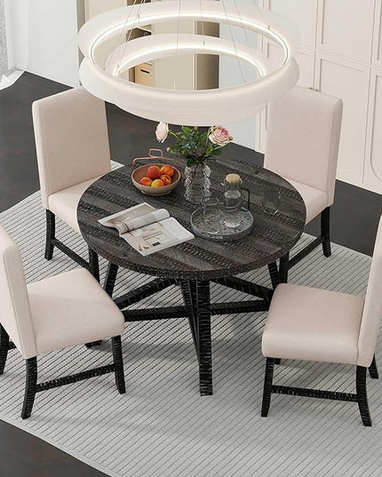NicBex Round Dining Table for 4 Kitchen Table and Chairs 5-Piece Dining Set with Extendable Round Table with Removable Middle Leaf and 4 Upholstered Chairs, Black - LeafyLoom