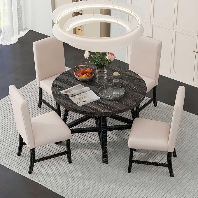 NicBex Round Dining Table for 4 Kitchen Table and Chairs 5-Piece Dining Set with Extendable Round Table with Removable Middle Leaf and 4 Upholstered Chairs, Black - LeafyLoom