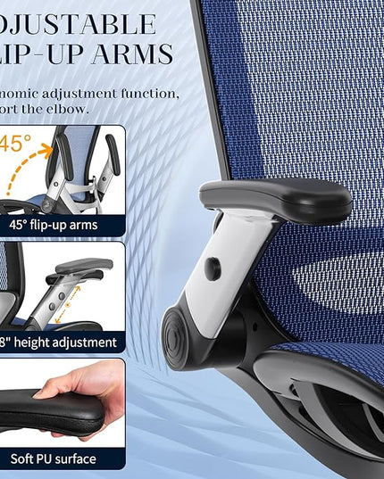 GABRYLLY Ergonomic Office Chair, High Back Mesh Desk Chair with Adjustable Headrest, Flip-Up Arms, 90-120° Tilt Lock, Lumbar Support and Comfy Seat, Swivel Computer Task Chair, Blue - LeafyLoom