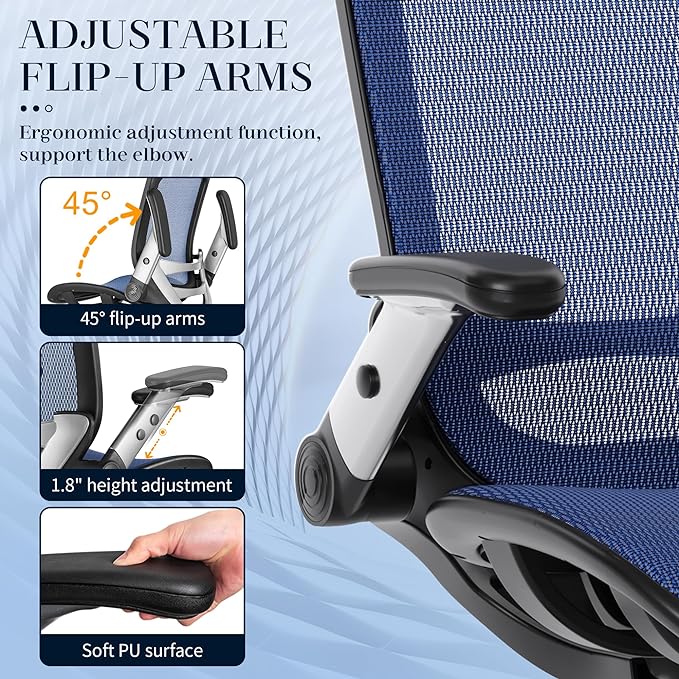 GABRYLLY Ergonomic Office Chair, High Back Mesh Desk Chair with Adjustable Headrest, Flip-Up Arms, 90-120° Tilt Lock, Lumbar Support and Comfy Seat, Swivel Computer Task Chair, Blue - LeafyLoom