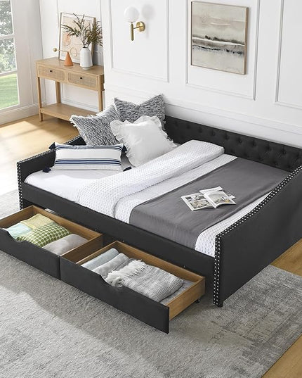 Queen Size Daybed with Two Storage Drawers, Linen Upholstered Tufted Sofa Bed w/Button on Back and Copper Nail on Waved Shape Arms, for Bedroom Living Room, No Box Spring Needed, Black - LeafyLoom