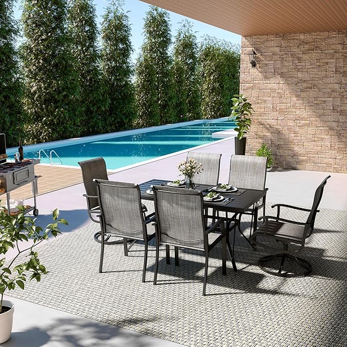 Pamapic 7 Pieces Patio Dining Set, Outdoor Dining Set for Garden Backyard Poolside Deck,Outdoor Table and Chairs Set with 4 Textilene Swivel Chairs & 2 Regular Chairs,Gray - LeafyLoom