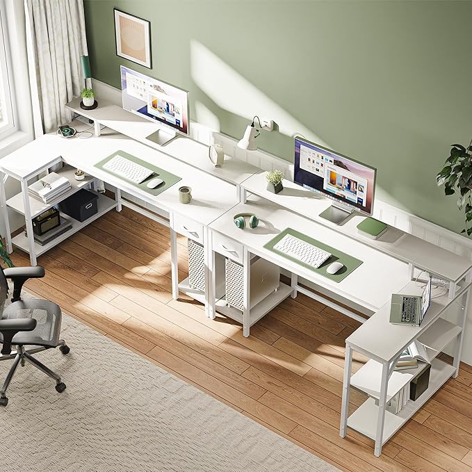 SUPERJARE 53 inch Reversible L Shaped Desk with LED Lights & Power Outlets, Computer Desk with Shelves & Monitor Stand, Gaming Desk with Drawer, Home Office Desk Corner Desk, PU White Drawer - LeafyLoom