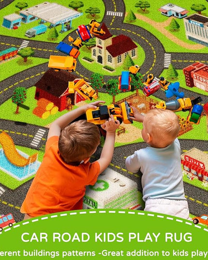 Kids Rugs Traffic Road Carpet for Car City Map Play Rug 3.3'×5' for Playroom Educational Mat Area Rug, Kid Playtime Collection Toddler Car Track Rug Cute Cartoon (City Road A, 39.4×59 in) - LeafyLoom