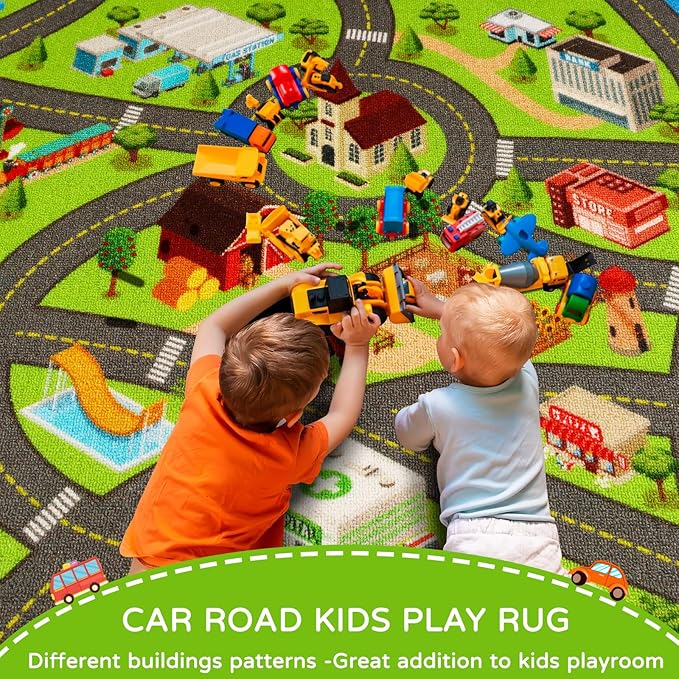 Kids Rugs Traffic Road Carpet for Car City Map Play Rug 3.3'×5' for Playroom Educational Mat Area Rug, Kid Playtime Collection Toddler Car Track Rug Cute Cartoon (City Road A, 39.4×59 in) - LeafyLoom