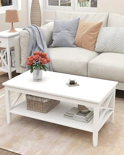 ChooChoo White Coffee Table Classic X Design for Living Room, Rectangular Modern Cocktail Table with Storage Shelf, 39 Inch - LeafyLoom