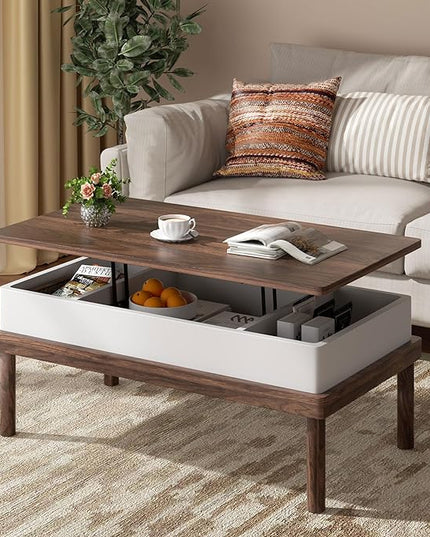 Shintenchi Coffee Table, Lift Top Coffee Table with Hidden Compartment, Rising Tabletop Dining Table, Lift Top Coffee Center Table for for Living Room, Office, Home (Walnut) - LeafyLoom