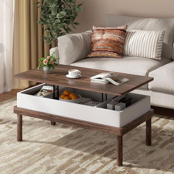 Shintenchi Coffee Table, Lift Top Coffee Table with Hidden Compartment, Rising Tabletop Dining Table, Lift Top Coffee Center Table for for Living Room, Office, Home (Walnut) - LeafyLoom