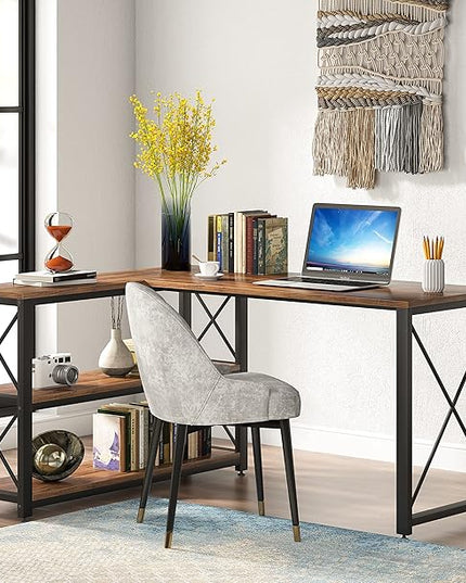 Tribesigns Reversible Industrial L-Shaped Desk with Storage Shelves, Corner Computer Desk PC Laptop Study Table Workstation for Home Office Small Space (Brown, 53") - LeafyLoom