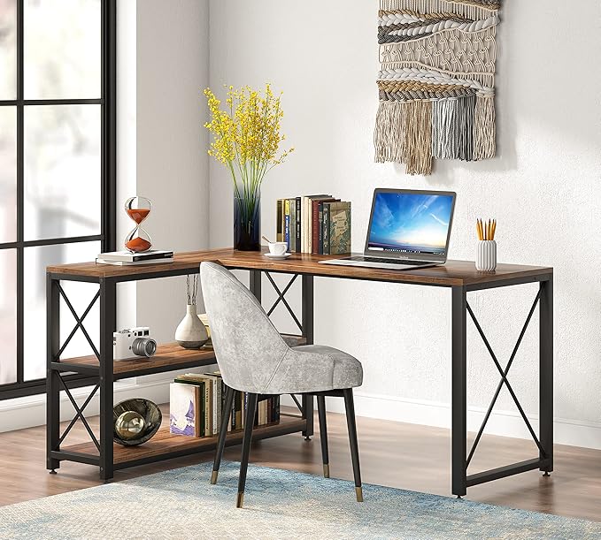 Tribesigns Reversible Industrial L-Shaped Desk with Storage Shelves, Corner Computer Desk PC Laptop Study Table Workstation for Home Office Small Space (Brown, 53") - LeafyLoom