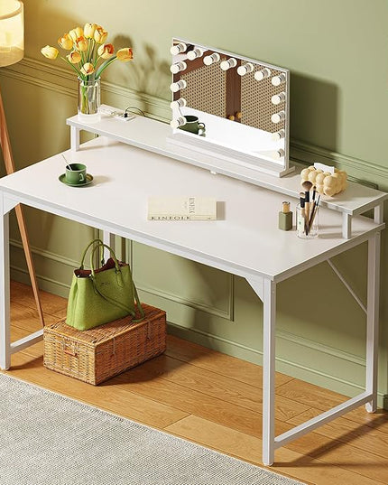 SUPERJARE 47 inch Computer Desk with LED Lights & Power Outlets, Home Office Desk with Monitor Shelf, Small Desk for Home & Office, White - LeafyLoom
