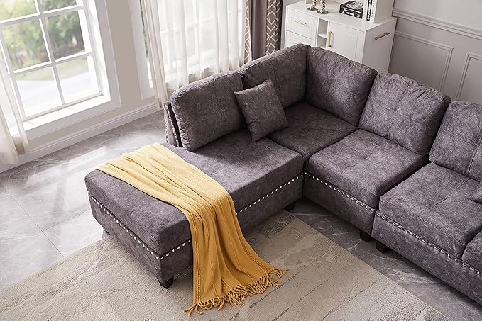 Living Room,Modular Sectional Sofa Set,L-Shape Storage Ottoman/Two Small pillow/Reversible Chaise,Couch for Large Space Dorm Apartment-Gray, 1 - LeafyLoom