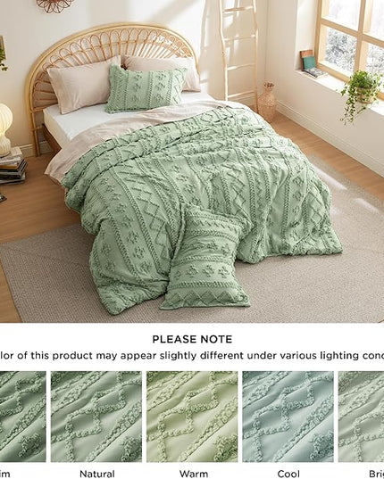 Bedsure Twin/Twin XL Comforter Set Dorm Bedding - Sage Green Boho Bedding Comforter Set, 2 Pieces Farmhouse Shabby Chic Embroidery Bed Set, Soft Jacquard Tufted Comforter for College - LeafyLoom
