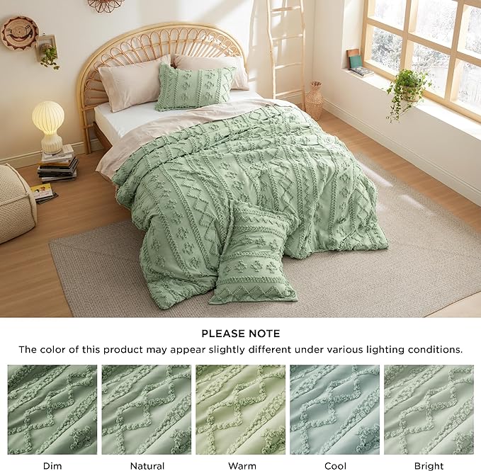 Bedsure Twin/Twin XL Comforter Set Dorm Bedding - Sage Green Boho Bedding Comforter Set, 2 Pieces Farmhouse Shabby Chic Embroidery Bed Set, Soft Jacquard Tufted Comforter for College - LeafyLoom