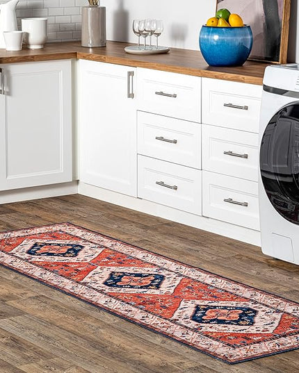 nuLOOM Carolyn Machine Washable Tribal Motif Ultra Thin Runner Rug, 2' 6" x 10', Rust - LeafyLoom