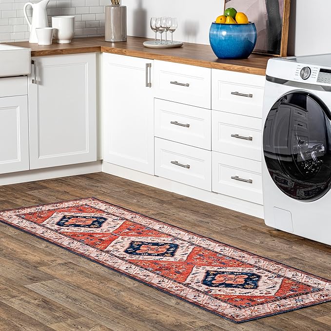 nuLOOM Carolyn Machine Washable Tribal Motif Ultra Thin Runner Rug, 2' 6" x 10', Rust - LeafyLoom