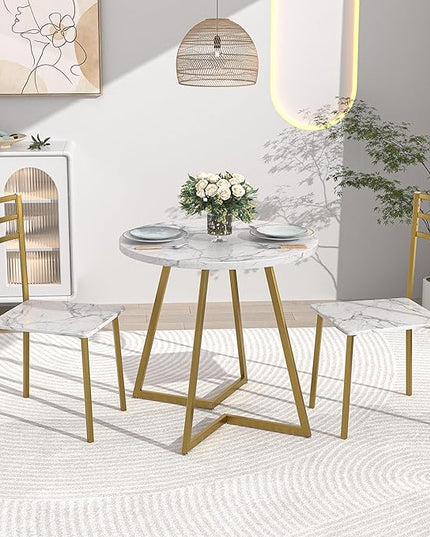 VECELO Round Dining Table with Steel Frame for 2-4 People, Space Saving for Home, Kitchen, Apartment, White & Gold - LeafyLoom