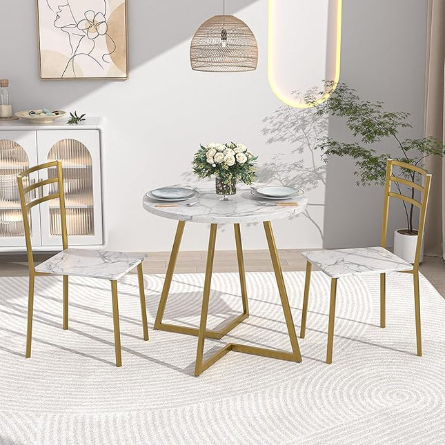 VECELO Round Dining Table with Steel Frame for 2-4 People, Space Saving for Home, Kitchen, Apartment, White & Gold - LeafyLoom