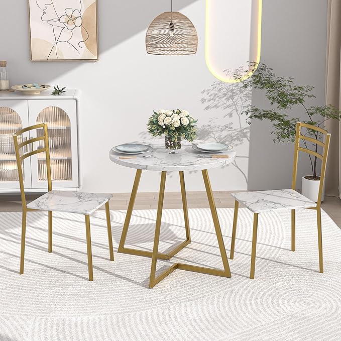 VECELO Round Dining Table with Steel Frame for 2-4 People, Space Saving for Home, Kitchen, Apartment, White & Gold - LeafyLoom