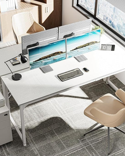 Computer Desk, 70 Inch Office Desk, Gaming Desk with Storage, Writing Desk Work Desk for Home Office, Study, Long Simple Desk, Large Legroom, Metal Frame, White - LeafyLoom