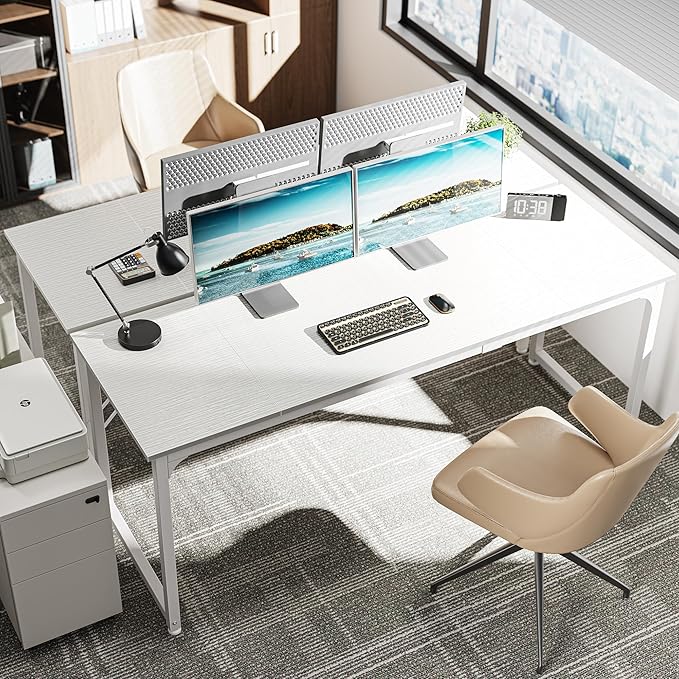 Computer Desk, 70 Inch Office Desk, Gaming Desk with Storage, Writing Desk Work Desk for Home Office, Study, Long Simple Desk, Large Legroom, Metal Frame, White - LeafyLoom
