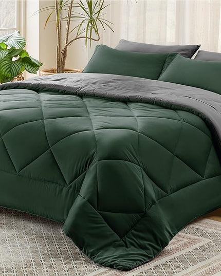 Bedsure Forest Green Full Size Comforter Set - 7 Pieces Reversible Full Bed in a Bag, Full Bed Set Forest Green and Grey with Comforters, Sheets, Pillowcases & Shams - LeafyLoom