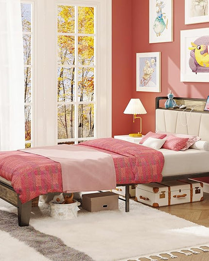 LIKIMIO Twin XL Bed Frames, Storage Headboard with Charging Station, Solid and Stable, Noise Free, No Box Spring Needed, Easy Assembly (Walnut and Beige) - LeafyLoom