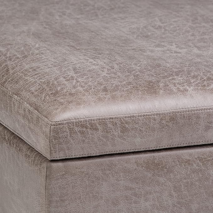 SIMPLIHOME Owen 36 Inch Wide Mid Century Modern Square Coffee Table Lift Top Storage Ottoman in Upholstered Distressed Grey Taupe Faux Leather, For the Living Room - LeafyLoom