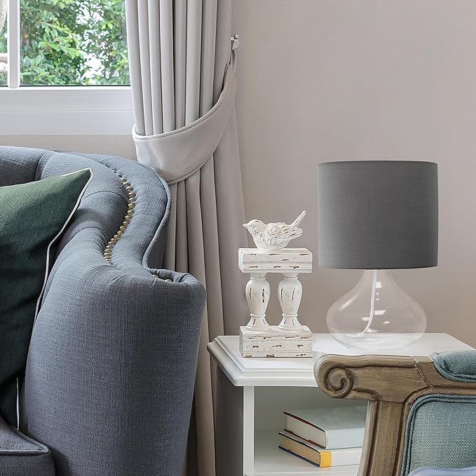 Simple Designs LT2063-CLG Small Glass Raindrop Bedside Table Lamp with Gray Fabric Shade, Clear - LeafyLoom
