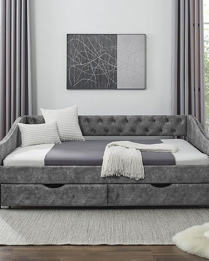 Full Size Upholstered Daybed with Two Storage Trundle Drawers, Wooden Sofa Bed w/Button Tufted Backrest and Waved Shape Arms, No Box Spring Needed, for Living Room, Bedroom, Dorm, Grey - LeafyLoom