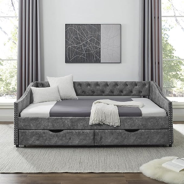 Upholstered Full Size Daybed with Two Storage Trundle Drawers, Solid Wooden Bed Frame w/Button Tufted Backrest, No Box Spring Needed, for Kids, Bedroom, Dorm - LeafyLoom