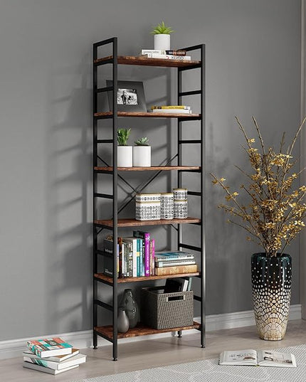 6 Tier Industrial Bookcase Shelf,Tall Bookshelf Industrial Corner Storage Organizer for Bedroom/Living Room/Home Office - Rustic Brown Modern Book Shelf for Books and Movies - LeafyLoom