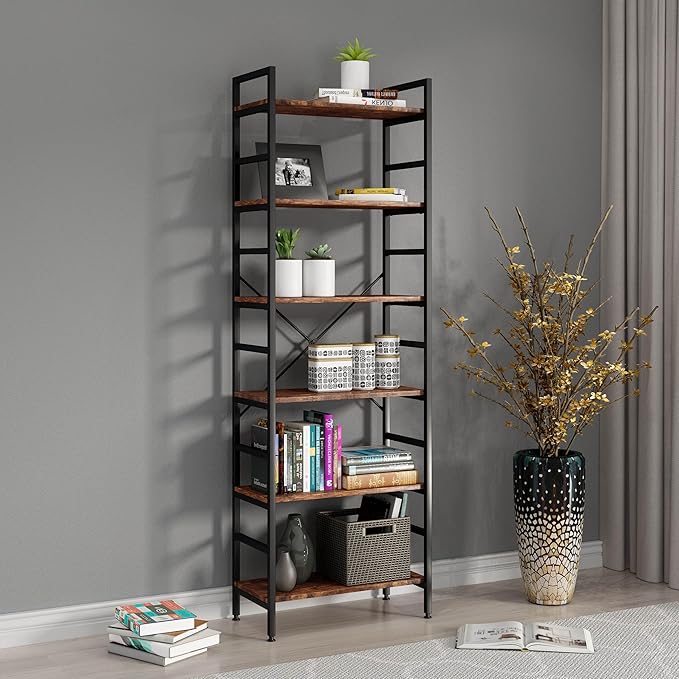 6 Tier Industrial Bookcase Shelf,Tall Bookshelf Industrial Corner Storage Organizer for Bedroom/Living Room/Home Office - Rustic Brown Modern Book Shelf for Books and Movies - LeafyLoom