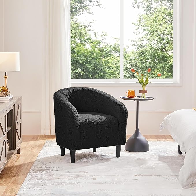 Yaheetech Accent Chair, Cozy Living Room Chairs with Soft Padded, Furry Sherpa Barrel Chair Sturdy Legs, Modern Armchair for Living Room Bedroom Reception Room Office Reading Room, Black - LeafyLoom